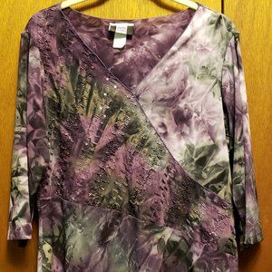 Wide V-Neck Tie-Dye, Sequined and Beaded Blouse